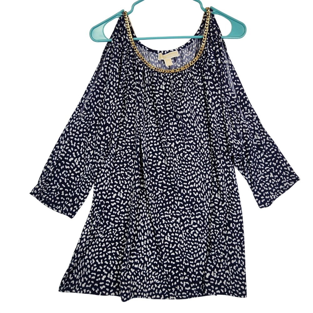 Michael Kors Blue Leopard Cold Shoulder‎ Chain Top 2X Plus Size Glam Mob Wife